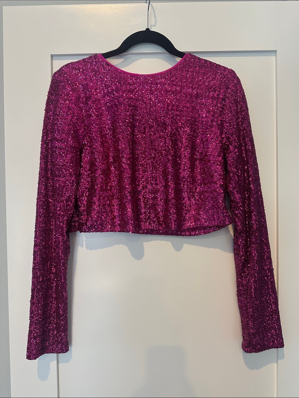 Walter Baker Fuchsia Sequin Long-Sleeve Crop Top